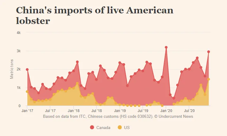 美國波士頓龍蝦進口量連續(xù)增長，幾乎持平加拿大(圖3)